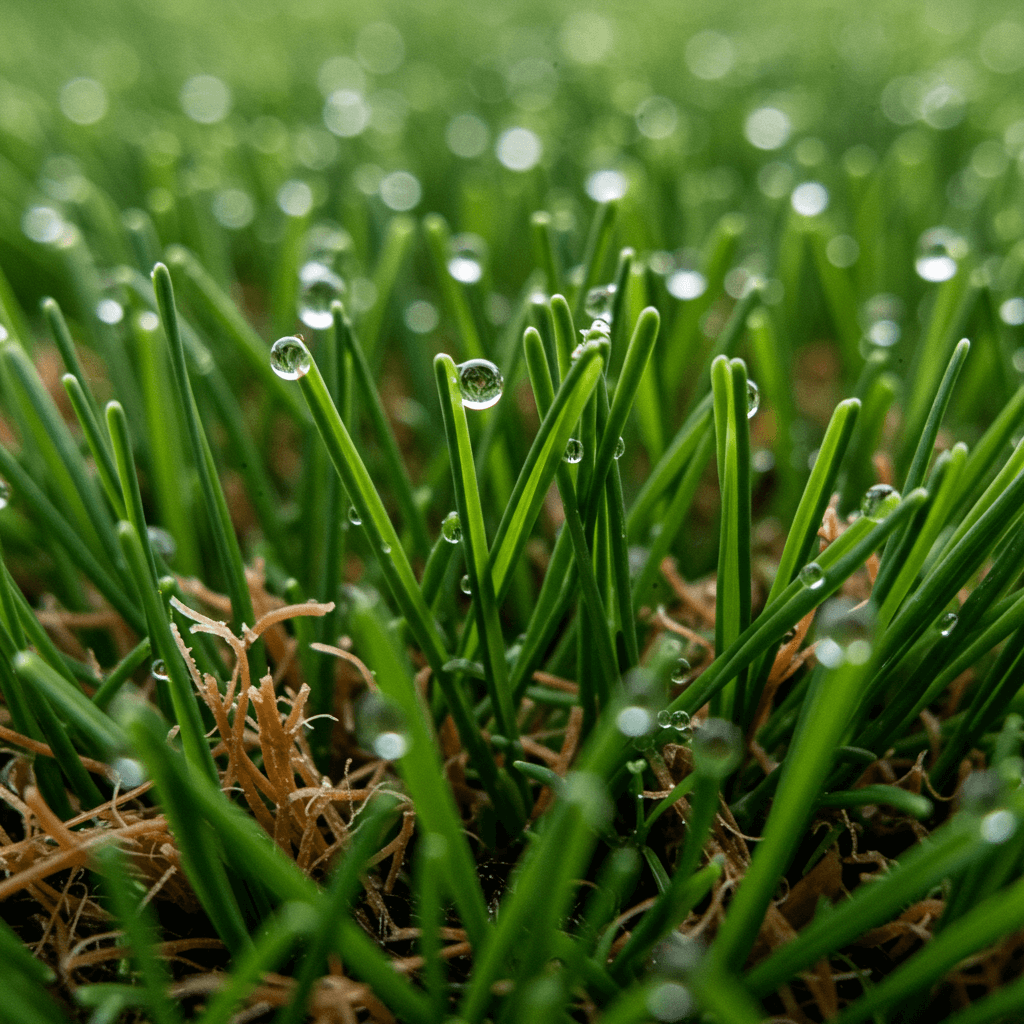 A close-up macro photo of hyper-realistic artificial turf available in Olathe, detailing the multi-toned green blades and brown thatch that mimic natural olathe grass