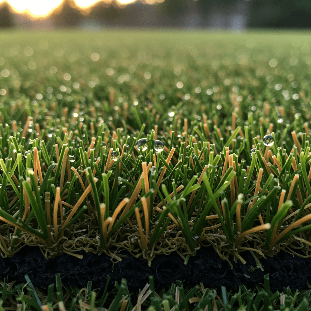 A close-up of a realistic synthetic lawn in Olathe, showcasing the high quality and natural appearance of the turf fibers