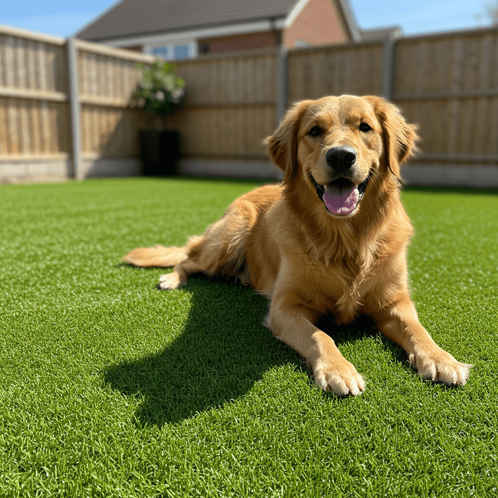 A happy dog playing on clean, green pet-friendly artificial turf in Olathe