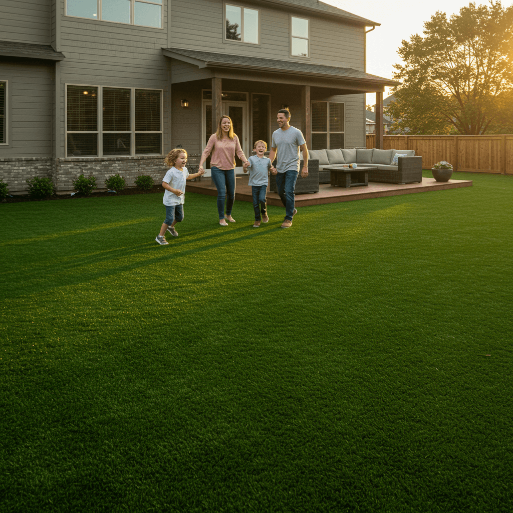 An Olathe family laughing and playing on their beautiful residential artificial grass lawn, showcasing a perfect, low-maintenance backyard solution for Olathe homes