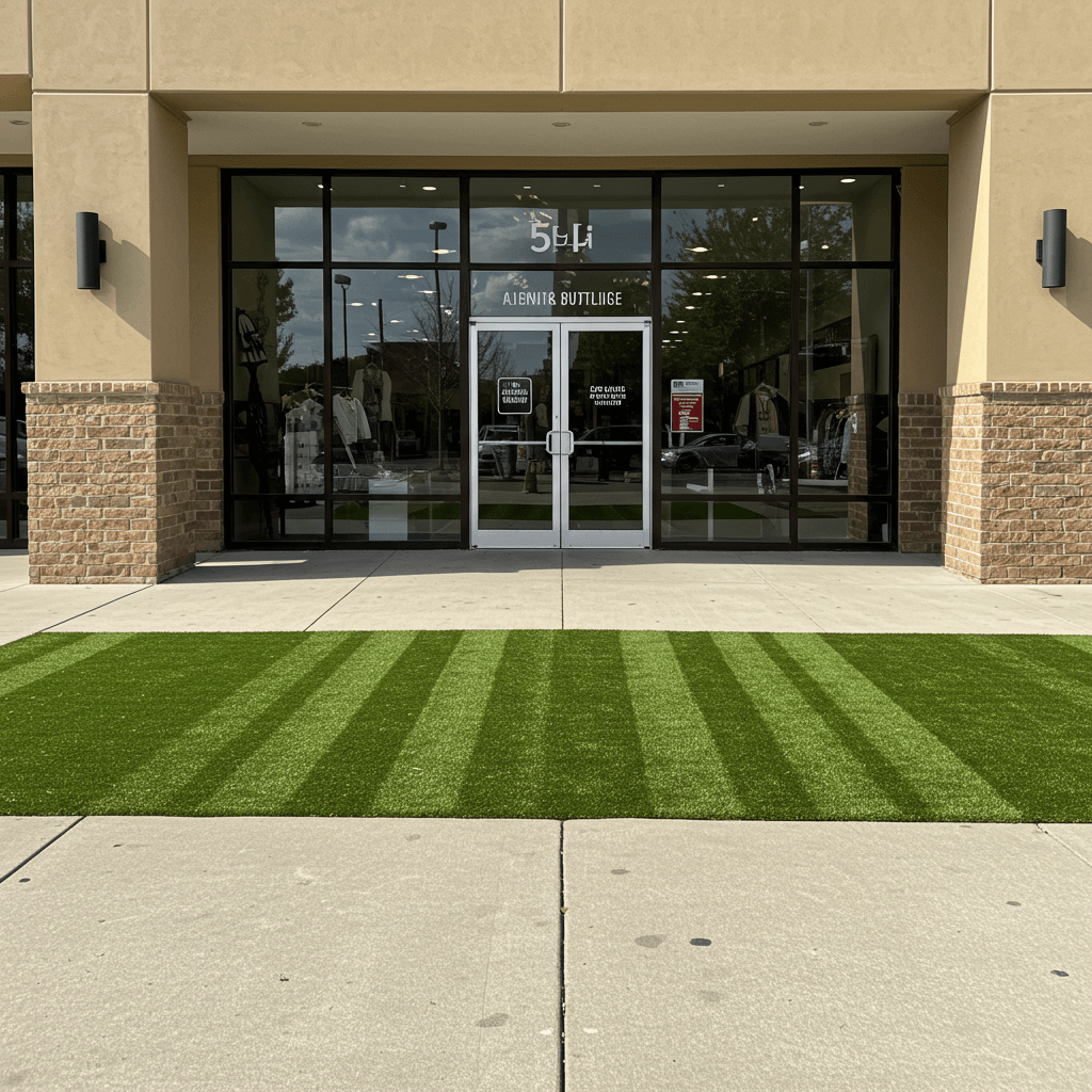 Commercial turf enhancing the curb appeal for a business storefront in Olathe, creating a welcoming and professional entrance.