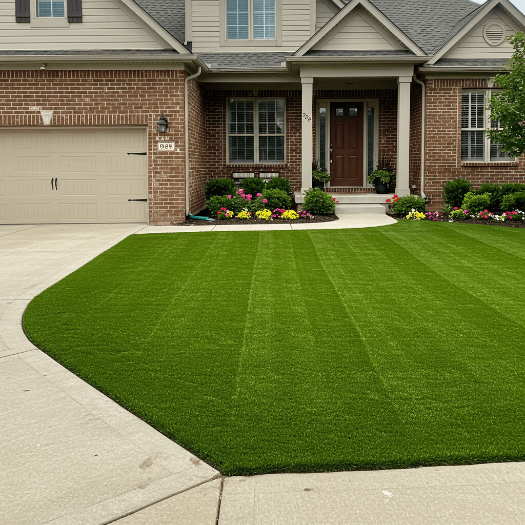 The enhanced curb appeal of a beautiful Olathe, home featuring a flawless synthetic front lawn that stays green all year round, increasing property value.
